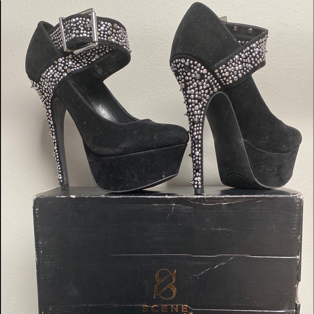 Black velvet platform heels w/studs & spikes